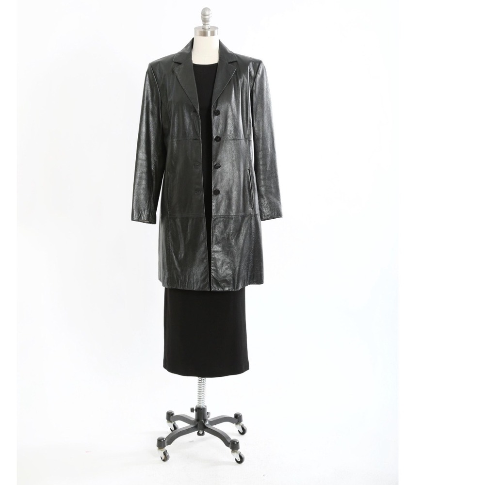 Vintage 90s Wilsons Leather Pelle Studio Black Trench Coat Mod Leather Jacket 1X - Picture 5 of 14